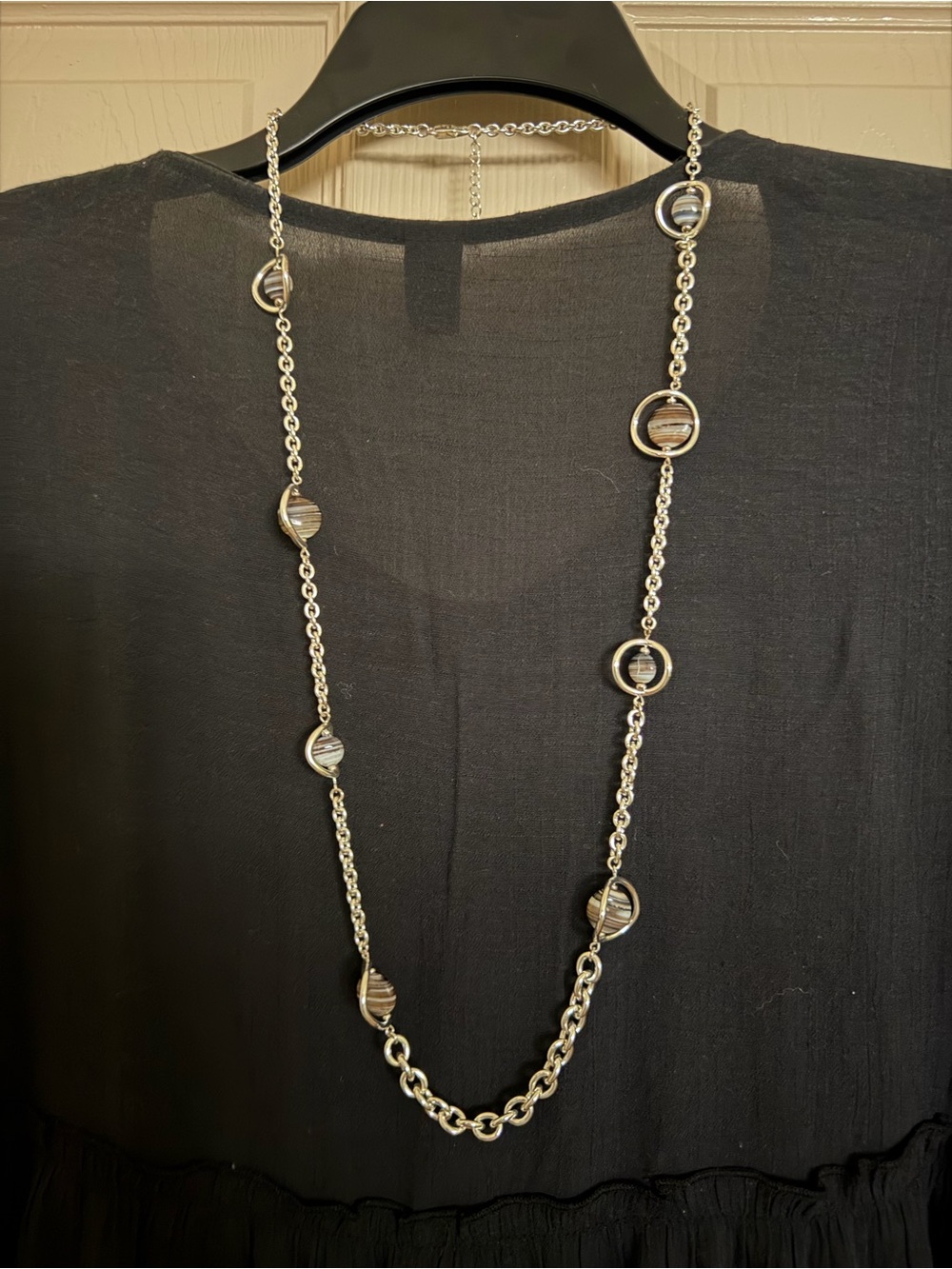 Long Silver Chain Necklace with Striped Accent Discs - Women's Jewelry